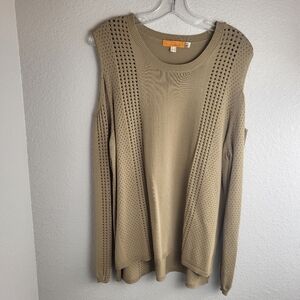 One A Cold Shoulder Long Sleeve Laser Cut Tan Top Women's Size XL